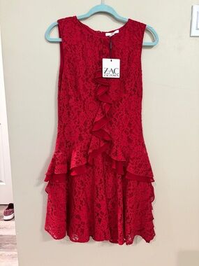 ZAC Zac Posen Red Lace Ruffle Dress